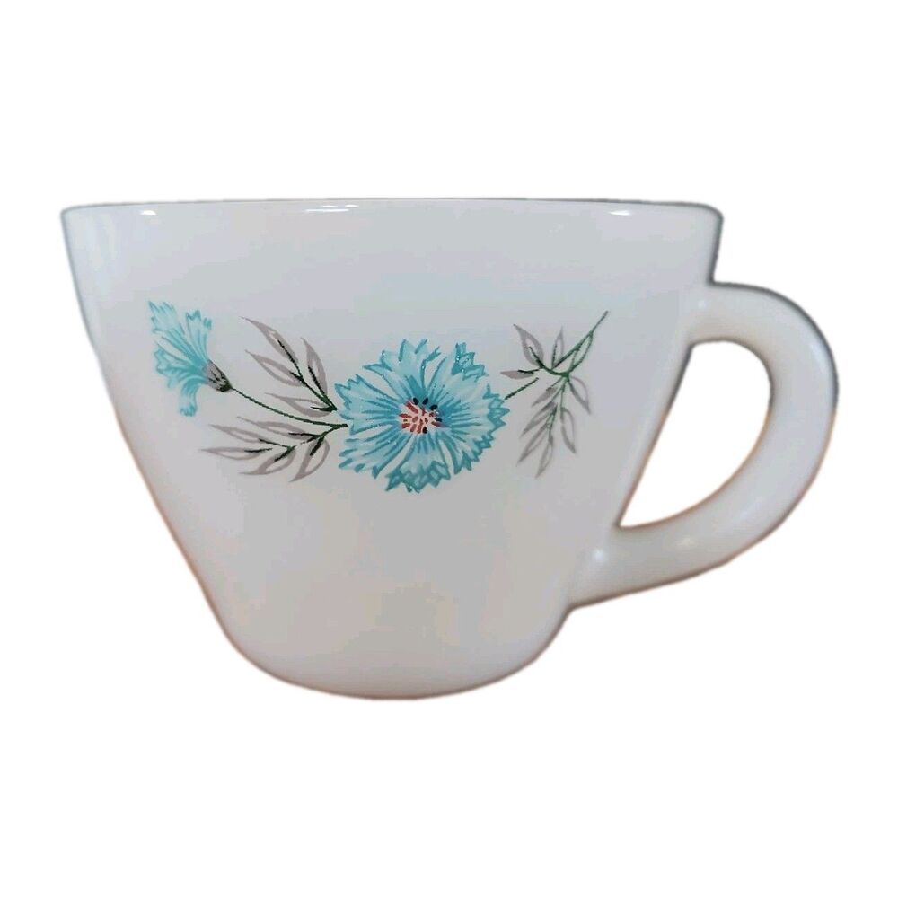 Vintage Fire King Milk Glass Coffee Cup Bonnie Blue Floral Oven Ware USA